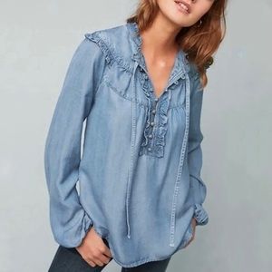 Anthropologie Maeve Shirt Women’s Size Small Ruffled Button Down Chambray Top S
